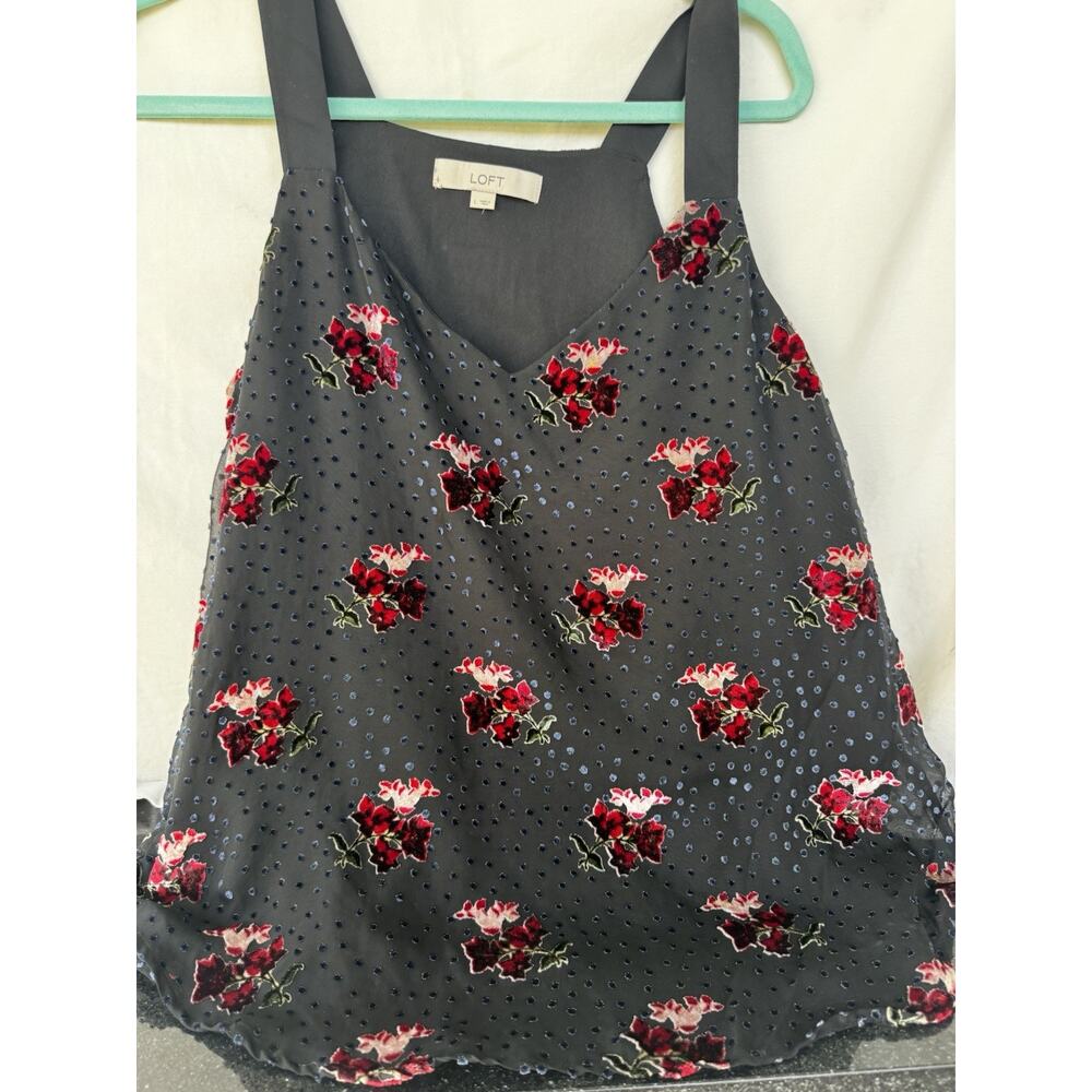 Loft Black Floral Velvet Dot mesh Sleeveless Blouse Womens L Romantic whimsygoth